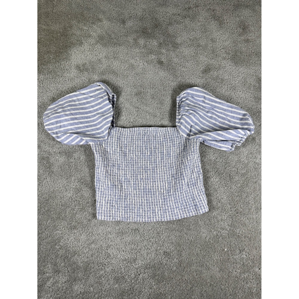 Abercrombie & Fitch Blue White Striped Smocked Puff Sleeve Linen Blend Top L